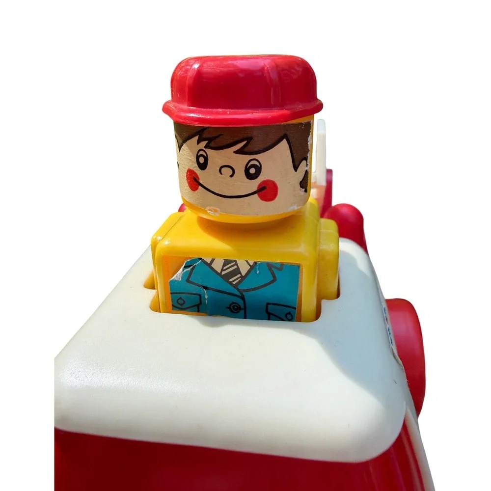 Vintage 1970s Playskool Plastic Fire Truck Toy Fold Down Ladder Square Driver